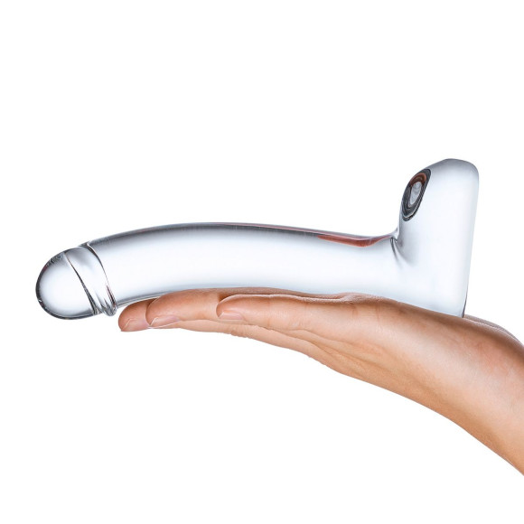 Прозрачный стеклянный фаллос с мошонкой Curved G-Spot - 18 см.