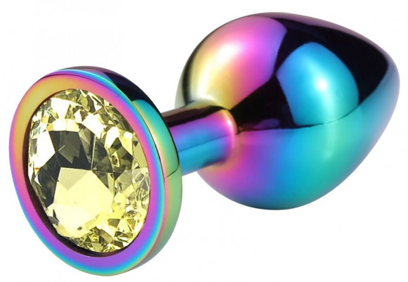 Разноцветная гладкая анальная пробка с желтым кристаллом - 8 см. Разноцветная гладкая анальная пробка с желтым кристаллом - 8 см.