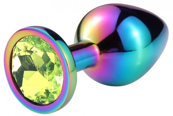 Разноцветная гладкая анальная пробка с салатовым кристаллом - 9,5 см.
