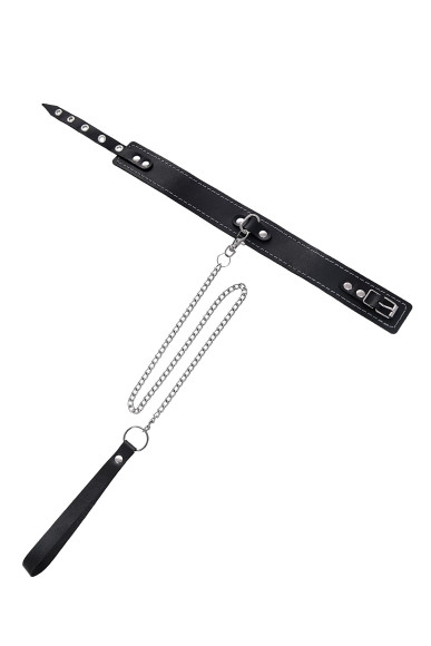 Кожаный двухслойный ошейник с белой строчкой и поводком