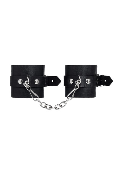 Черные однослойные наручники из натуральной кожи с цепочкой