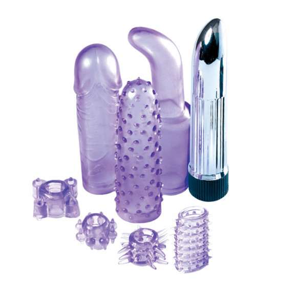 Мини-вибратор с насадками и эрекционными колечками - 11,5 см. Мини-вибратор с насадками и эрекционными колечками - 11,5 см.