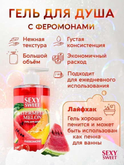 Гель для душа Sexy Sweet Watermelon&Melon с ароматом арбуза, дыни и феромонами - 430 мл. Гель для душа Sexy Sweet Watermelon&Melon с ароматом арбуза, дыни и феромонами - 430 мл.