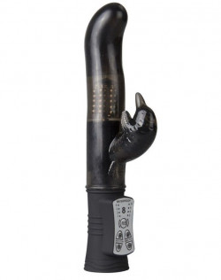 Чёрный вибратор Dolphin Diver с клиторальным отростком - 22 см.