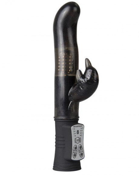 Чёрный вибратор Dolphin Diver с клиторальным отростком - 22 см.