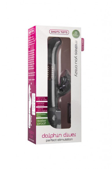 Чёрный вибратор Dolphin Diver с клиторальным отростком - 22 см.