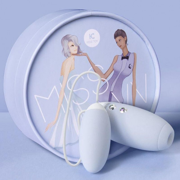 Нежно-голубое виброяйцо с вакуум-волновым пультом Kiss Toy Miss VV