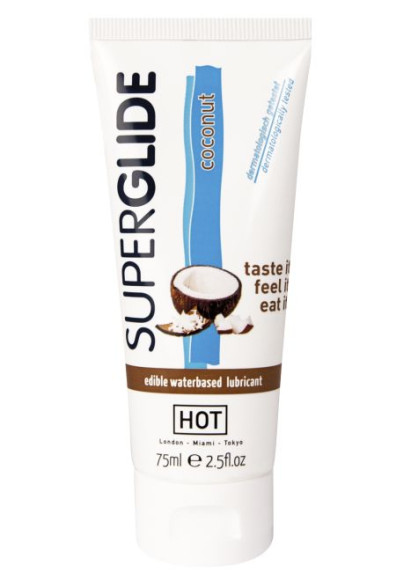 Съедобный лубрикант на водной основе Superglide с ароматом кокоса - 75 мл. Съедобный лубрикант на водной основе Superglide с ароматом кокоса - 75 мл.