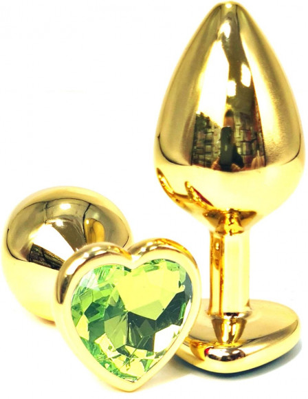 Золотистая анальная пробка с салатовым кристаллом-сердцем - 7 см.