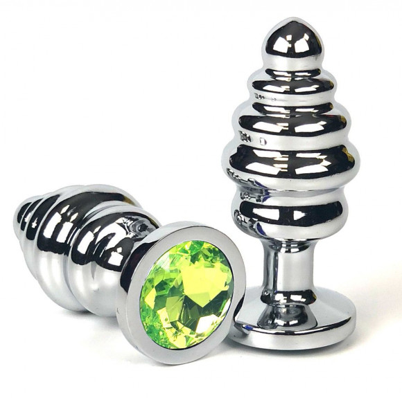 Серебристая ребристая анальная пробка с салатовым кристаллом - 8 см. Серебристая ребристая анальная пробка с салатовым кристаллом - 8 см.