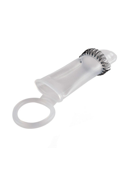 Закрытая насадка на пенис с подхватом мошонки и стимулирующими «ресничками»