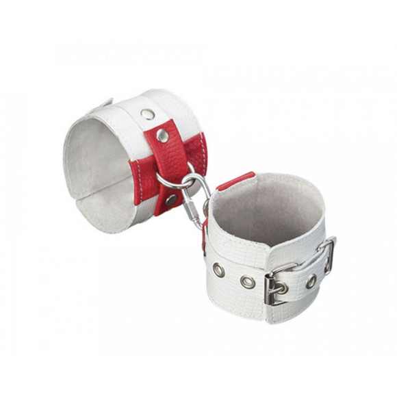 Белые кожаные наручники с красными крестами Белые кожаные наручники с красными крестами