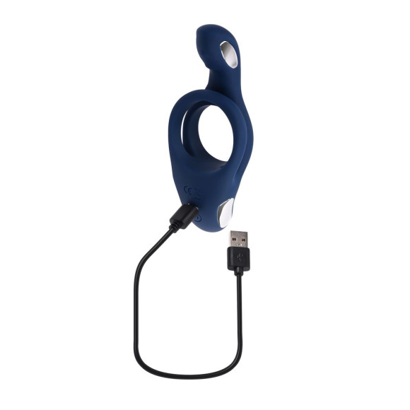 Синее эрекционное виброкольцо с двойным подхватом мошонки Ring Around The Rosy