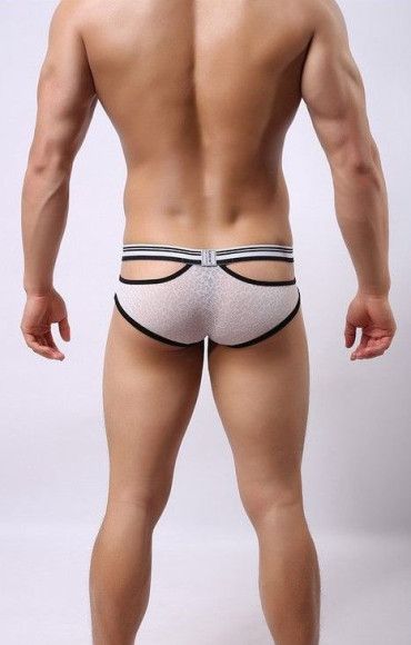 Белые мужские трусы-брифы с вырезами и леопардовым рисунком Белые мужские трусы-брифы с вырезами и леопардовым рисунком
