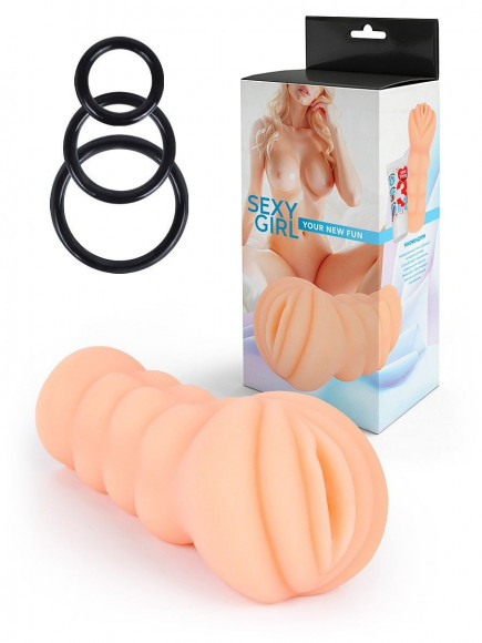 Телесный мастурбатор-вагина с эрекционными кольцами в комплекте