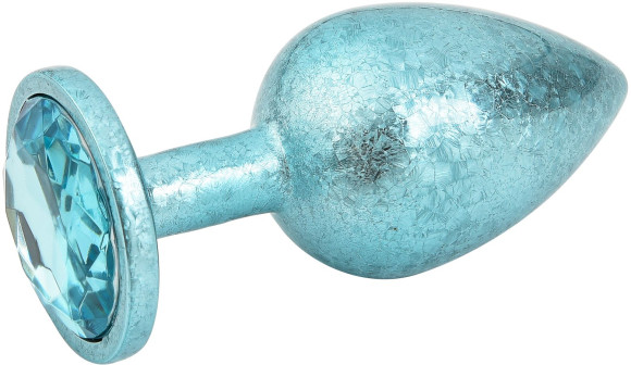 Голубая алюминиевая анальная пробка с кристаллом - 6 см.