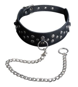 Чёрный кожаный ошейник с карабином и поводком Чёрный кожаный ошейник с карабином и поводком