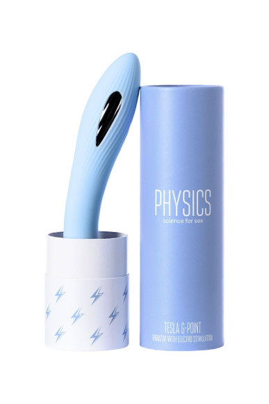 Голубой силиконовый вибратор с электростимуляцией TESLA G-POINT - 21 см.
