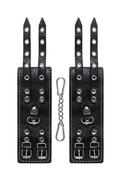 Черные кожаные наручники с двумя ремнями и красной подкладкой