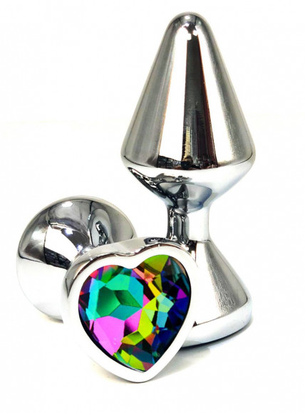 Серебристая анальная пробка с радужным кристаллом-сердцем - 8 см. Серебристая анальная пробка с радужным кристаллом-сердцем - 8 см.