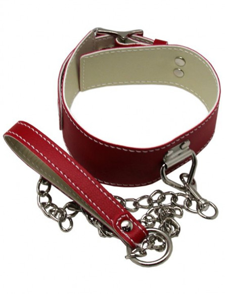 Красный ошейник с металлическим поводком и замочком Красный ошейник с металлическим поводком и замочком