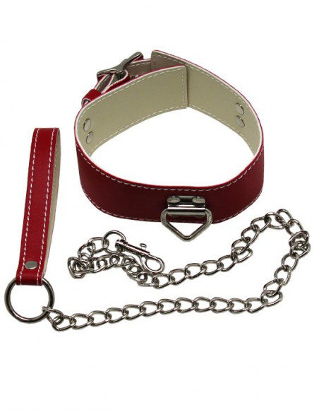 Красный ошейник с металлическим поводком и замочком Красный ошейник с металлическим поводком и замочком