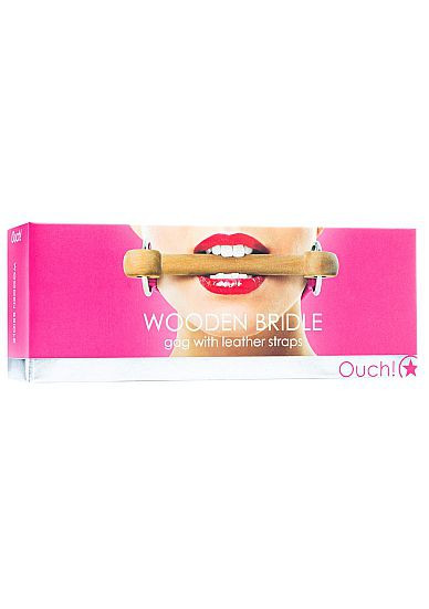 Розовый кляп Wooden Bridle с деревянным трензелем