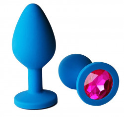 Голубая анальная пробка с розовым кристаллом - 9,5 см.
