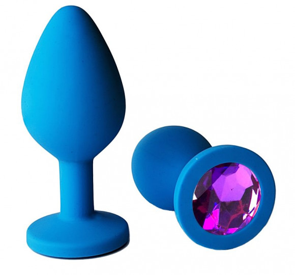 Голубая анальная пробка с фиолетовым кристаллом - 8 см.