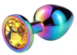 Разноцветная гладкая анальная пробка с оранжевым кристаллом - 6,8 см. 