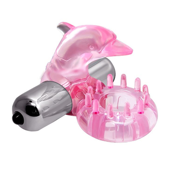 Розовое виброкольцо-дельфин с шипами