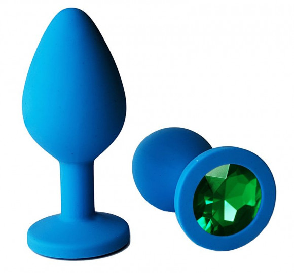 Голубая анальная пробка с зеленым кристаллом - 8 см.