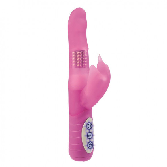 Розовый вибромассажёр с клиторальным стимулятором и вращающимися шариками Petite Flutter - 21 см.