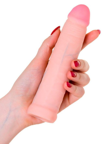 Телесный поясной страпон с вагинальной пробкой - 17 см.