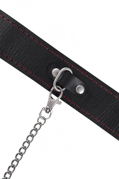 Черный двухслойный ошейник с красной строчкой и поводком Черный двухслойный ошейник с красной строчкой и поводком
