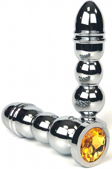 Серебристая анальная пробка-ёлочка с желтым кристаллом - 14,5 см. Серебристая анальная пробка-ёлочка с желтым кристаллом - 14,5 см.